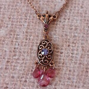 1928 Necklace, Vintage Style, Rose Gold Tone Chain & Setting with Purple Beads